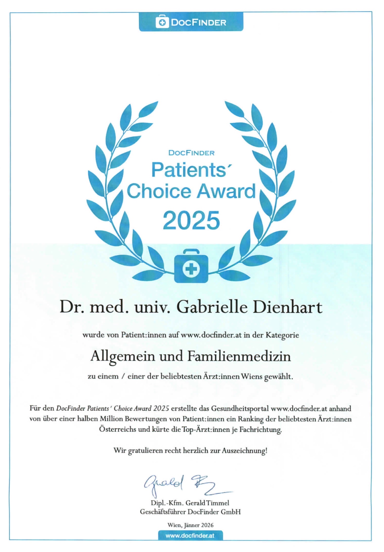 DocFinder Patients' Choice Award 2025 – Dr. med. univ. Gabrielle Dienhart
